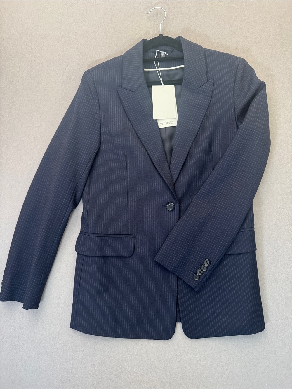 COS Women's Navy Pinstripe Single-Button Blazer. Size 6